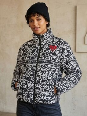 Keith Haring x Shoe Palace Puffer Jacket Black & White All-Over Print Size S